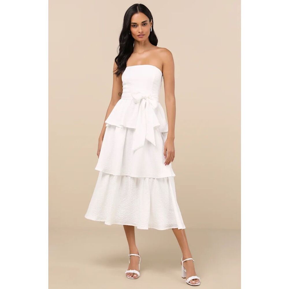Lulus Truly Marvelous White Jacquard Strapless Tiered Midi Dress Size M NWT